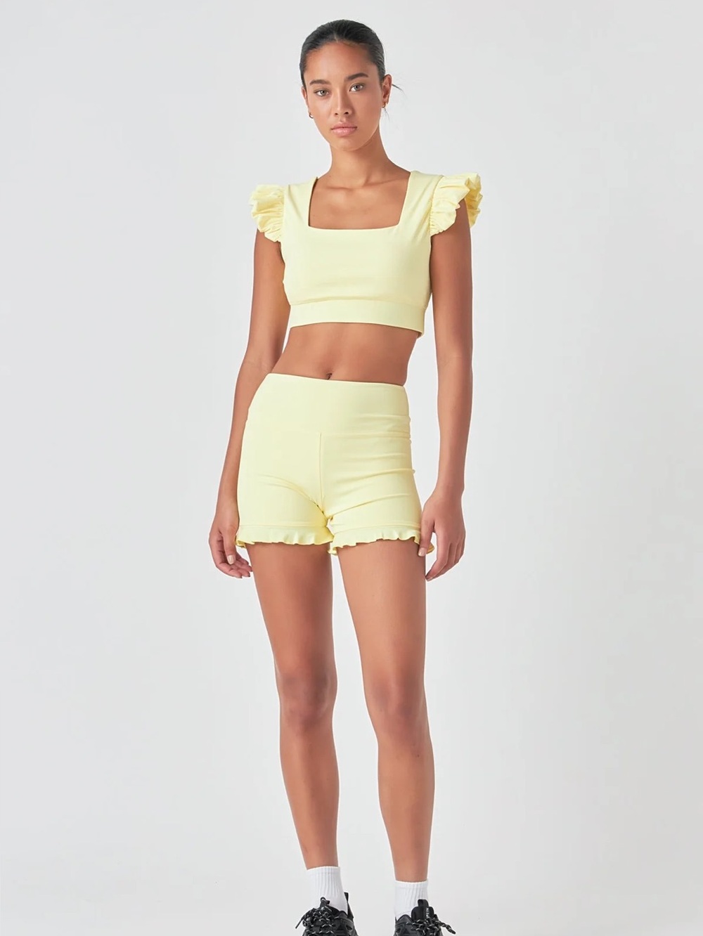 NWT GREY LAB Light Yellow Puff Sleeve Crop Top & Ruffle Biker Shorts Set